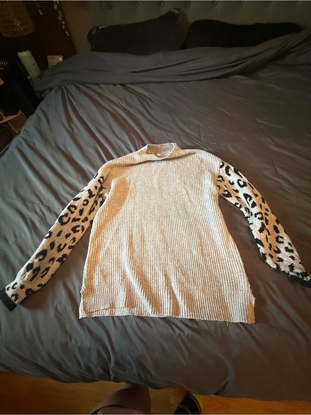 Staccato Cream Knit Turtleneck Sweater with Leopard-Print Sleeves